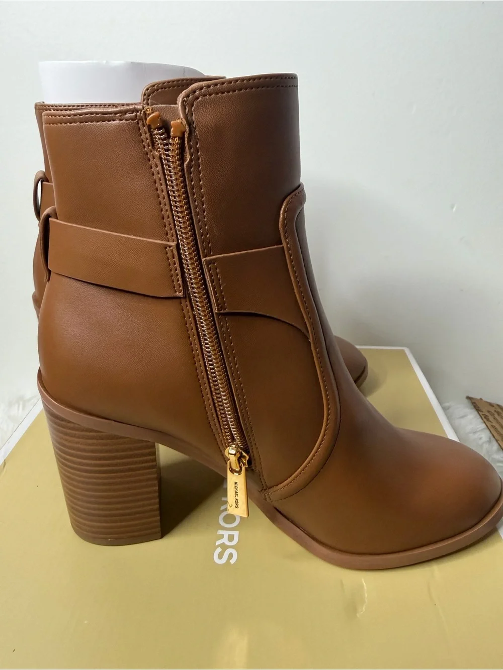 Michael Kors Brown Leather Block-Heel Ankle Boots with MK Medallion